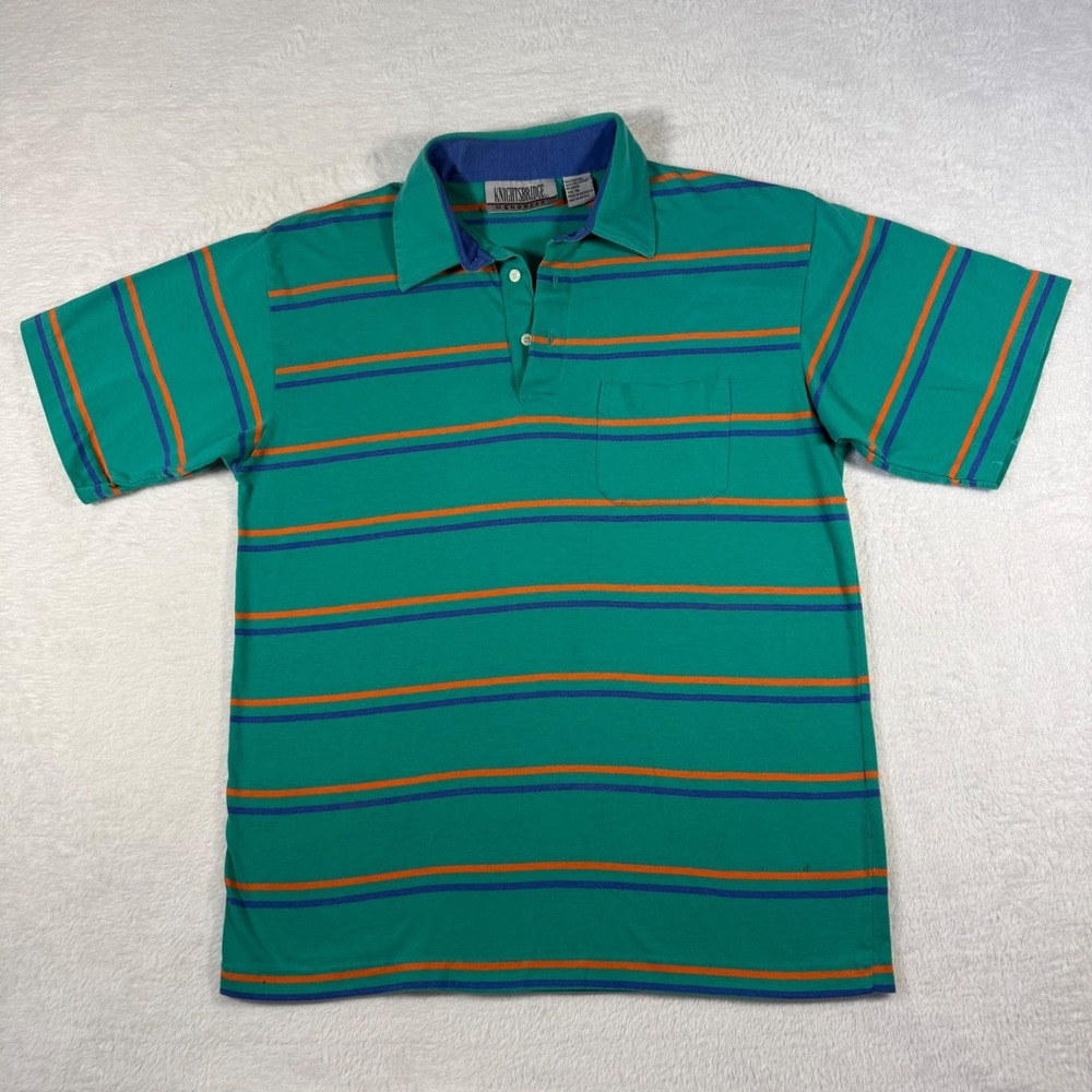 Knightsbridge Menswear Polo Shirt Mens Medium Green Orange Blue Striped Vintage